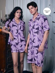 SHEIN Coupled Up Halloween Element Graphic Print Bubble Crinkle Shawl Collar Men Pajama Set  Cozy And Elegant Details - Purple - View 7