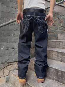 Manfinity EMRG 男士口袋宽松阔腿休闲百搭牛仔裤 - 深色水洗藍 - 查看 6