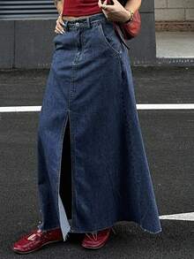 DAZY Women's Casual A-Line Denim Skirt With Pockets And Side Slit