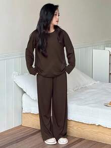 DAZY 青少年女孩休闲家居服睡衣，秋季 - 咖啡棕 - 查看 2