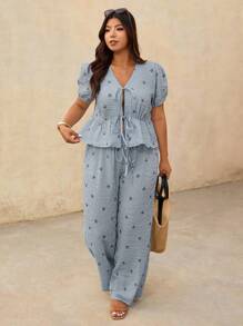 Elaquor Plus Size Vacation Casual Striped Bow Print Shirt And Pants 2 Pieces Set