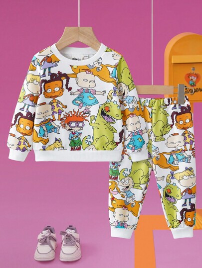 Nick 90s | SHEIN 2pcs Baby Boy Cartoon Dinosaur Allover Print Crew Neck Long Sleeve Sweatshirt And Pants Set Fall Winter