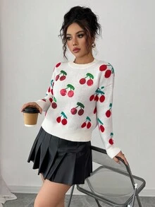 Elenzga Women's Cherry Jacquard Sequin Decorated Sweater - Apricot - View 2