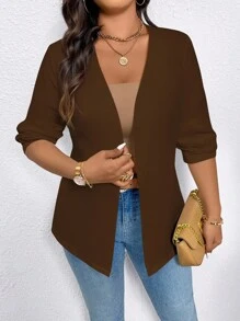 Auvina Áo khoác blazer trơn màu công sở & thường ngày cỡ lớn - màu nâu - Xem 7