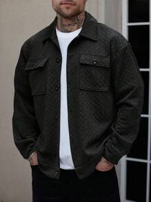 Manfinity CasualCool Men's Jackets, Men's Buttoned Front Long Sleeve Pocket Simple Jacket, Casual Everyday Wear, Men's Jackets, Men's Jackets For Fall Winter Edition, Boyfriend Gifts, Warm Long Sleeve Casual Jackets For Going Out Black Jacket For Men Men Casual Jacket Men Shacket Textured Jacket Men