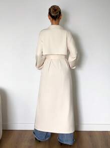 SHEIN ICON 秋冬女士米色外出纯色翻领休闲长款宽松长袖风衣 - 杏色 - 查看 2