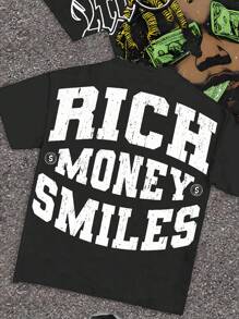 SHEIN 青少年男孩休闲时尚酷炫经典帅气金钱大亨肖像图案，时尚“RICH MONEY SMILES”文字印花短袖圆领 T 恤，适合夏季 - 彩色 - 查看 4