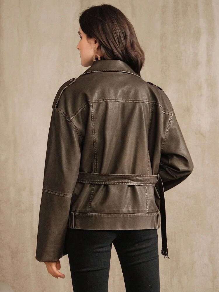 女性用 ダメージ加工 ブラウン フェイクレザージャケット、ビンテージアメリカンレトロスタイル、ウォッシュ加工、秋冬シーズンに適しています