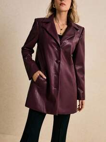 Poéselle Women's Burgundy Faux-Leather Blazer Jacket,Oversized Vegan Leather Button-Front Coat,Chic Autumn Night Out,Quiet Luxury Lapel Neck Long Sleeve Jacket - Burgundy - View 2
