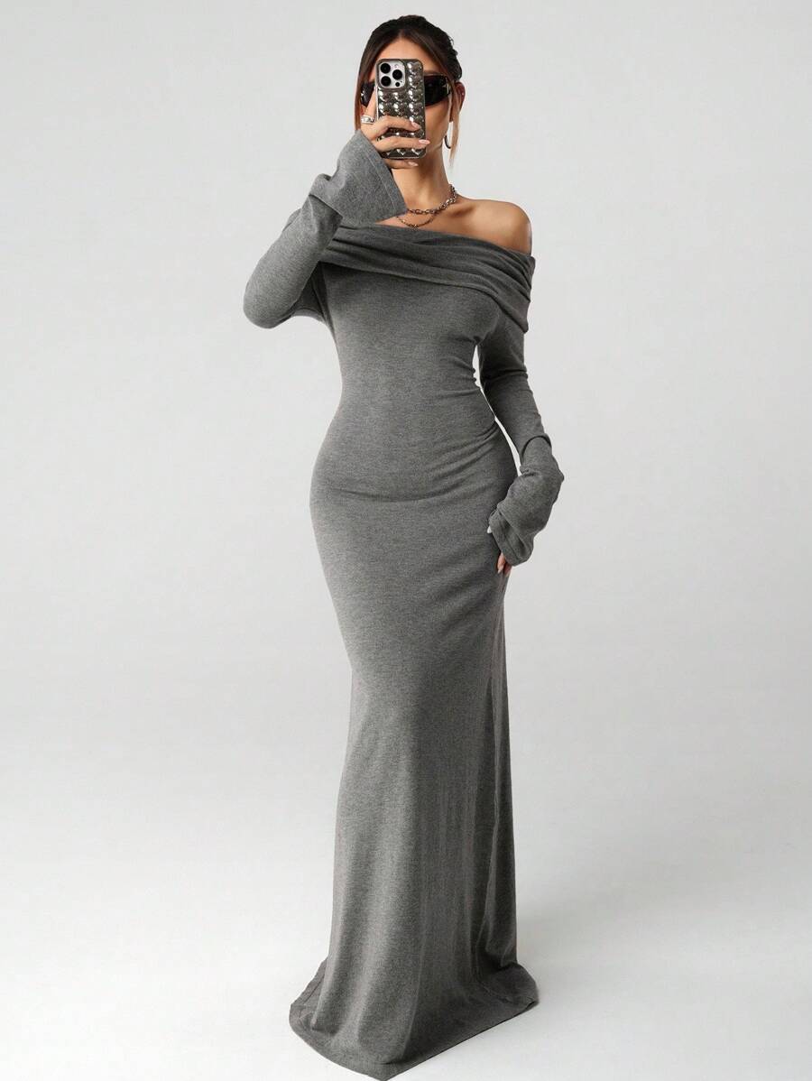 SHEIN ICON Vestido casual largo gris con hombros descubiertos de moda para mujer en otoño/invierno - Gris - Ver 1