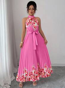 Elenzga 女式夏季优雅花卉宽松露背连衣裙 - 玫紅色 - 查看 6