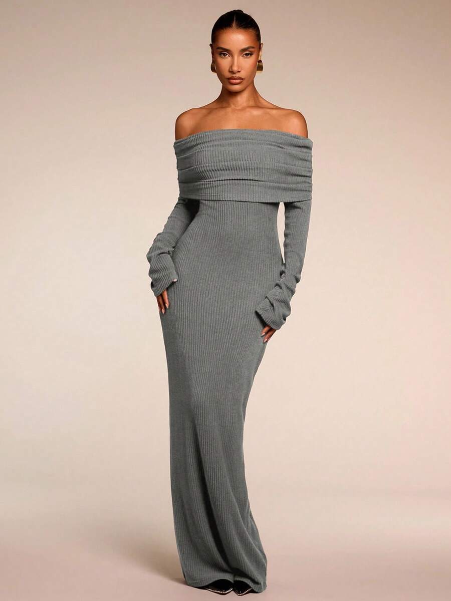 SHEIN BAE Women's Solid Color Cold Shoulder Long Sleeve Casual Sexy Long Dress Party Night Out Date Night Dinner Bar Outfits New Years Wedding Guest - Dark Grey - View 1