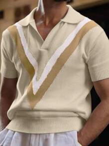 Manfinity Homme Men's Striped Short Sleeve Casual Loose Knit Sweater Knit Jersey V Neck Sweater Short Sleeve