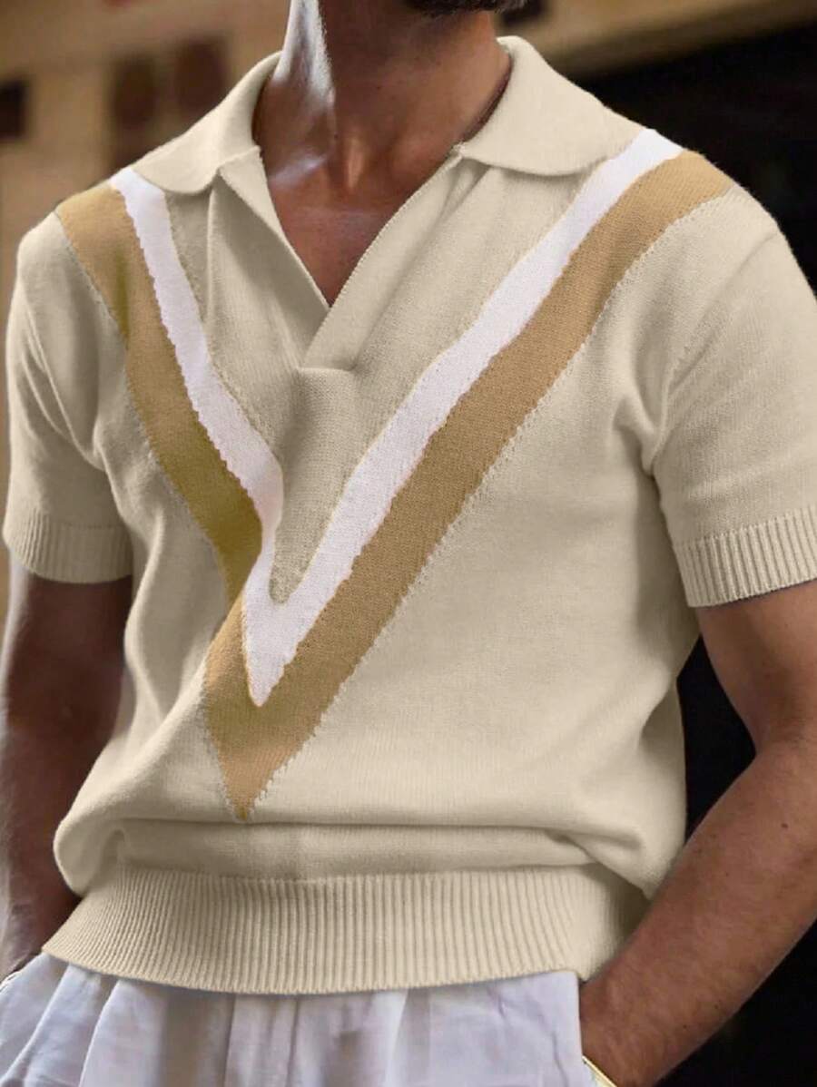 Manfinity Homme Men's Striped Short Sleeve Casual Loose Knit Sweater Knit Jersey V Neck Sweater Short Sleeve