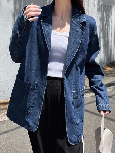 FRIFUL Women's Casual Versatile Loose Fit Denim Jacket With Dual Pockets