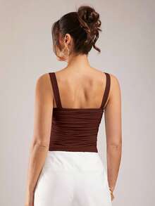 Silquee 女士纯色褶皱修身休闲吊带背心 - 咖啡棕 - 查看 2