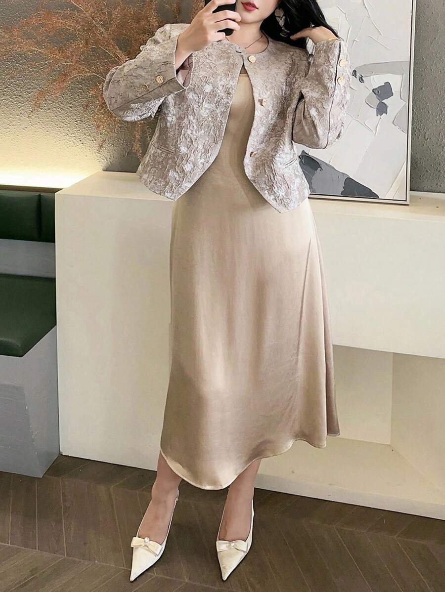 Dazy Plus 2pcs Plus Size Women Set: Sleeveless Bodycon Maxi Dress & Short Floral Print Cardigan