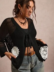 Freevana 大码女式花卉图案镂空前系带长袖开衫 - 黑色 - 查看 7