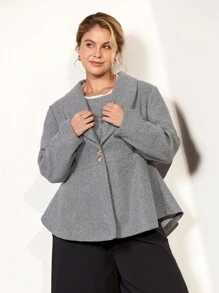 Momelise Plus Size Casual Elegant Daily Office Commute Solid Color Umbrella Hem Mandarin Collar Textured Button Detail Blazer Vintage Autumn Fall Cloth For Women Winter - Grey - View 7