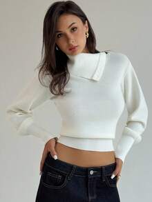 Aloruh New Stylish Casual Warm Winter Stand Collar Asymmetrical Asymmetric Button Oversized Batwing Sleeve Knit Sweater - Beige - View 7