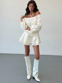 Aloruh Women's Solid Color Pleated Off Shoulder Lantern Sleeve Ruffle Hem Fashionable Mini Dress