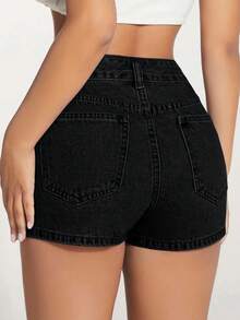 SHEIN PETITE Women's Asymmetric Hem Casual Denim Skort With Pockets - Black - View 2