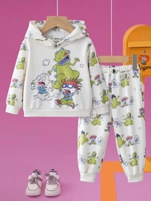 Nick 90s | SHEIN 2 pièces Ensemble décontracté pour bébé garçon, sweat-shirt à capuche à manches longues avec motif de dinosaure mignon et pantalon à cordon, abricot - Multicolore - Voir 1
