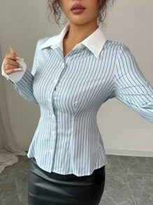 Elenzga Áo sơ mi sọc cạp cao màu sắc giản dị mùa xuân thu - Màu xanh lam - Xem 7