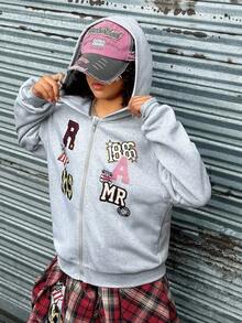 SHEIN Explorewe 青少年女孩宽松图案印花拉链连帽衫和阔腿运动裤街头风格运动服套装，适合春秋冬季穿着 - 淺灰色 - 查看 5
