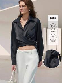 Uhlyne Áo sơ mi nữ thanh lịch, tối giản, màu xám đậm, cài cúc, có thắt lưng, thích hợp cho công sở, đi làm hàng ngày, phong cách chuyên nghiệp, nghỉ hè, du lịch, nghỉ mát, mùa xuân. - Màu xám đen - Xem 5