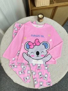 2 piezas Conjunto de pijama con estampado de koalas lindos de manga larga y pantalones rosados para niña - Rosa - Ver 3