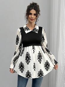 Momance Fashionable Casual Printed Patchwork Vintage Patchwork Collar Maternity Shirt