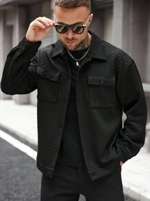 Manfinity CasualCool Men's Jackets, Men's Buttoned Front Long Sleeve Pocket Simple Jacket, Casual Everyday Wear, Men's Jackets, Men's Jackets For Fall Winter Edition, Boyfriend Gifts, Warm Long Sleeve Casual Jackets For Going Out Black Jacket For Men Men Casual Jacket Men Shacket Textured Jacket Men