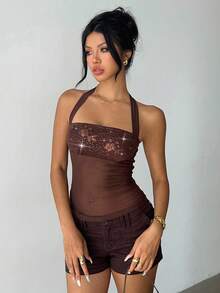 Aloruh 女士Y2K音乐节演唱会派对上衣 时尚简约休闲通勤上衣 针织亮片网纱拼接咖啡色上衣 - 咖啡棕 - 查看 6