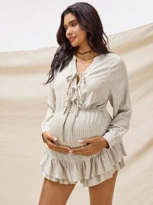 Boho Mama Fall Clothes  Maternity Striped Front Tie Raglan Sleeve Fitted Jumpsuit Boho Maternity Long Sleeve Fall Winter Clothes Bohemian - Apricot - View 3