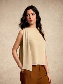 House of One Round Neck Sleeveless Chiffon Top With Train Tie Detail Women Elegant Casual Summer Autumn Tan Women Gold Top