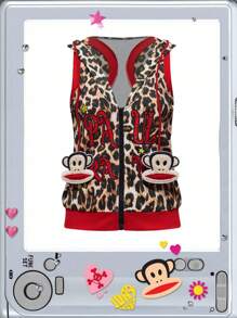 Paul Frank X ROMWE 豹纹撞色可爱毛绒吊坠Y2K女式连帽衫 - 彩色 - 查看 11