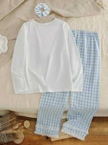 2 件套女童休闲狗狗印花长袖上衣和蓝色格子裤舒适睡衣套装 - 白色 - 查看 2