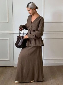 Livesso Women's V-Neck Tie Waist Top And Loose Fit Skirt 2 Pieces Set - Coffee Brown - View 1
