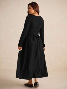 Elaquor 大码女式休闲简约百搭百搭方领针织拼接黑色中长连衣裙，秋季 - 黑色 - 查看 2