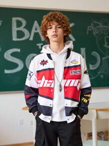 Tween Boy Jacket, Colorblock Print Design, Black Red White Combination, Fashion Casual Streetwear, Spring Autumn - White - View 1