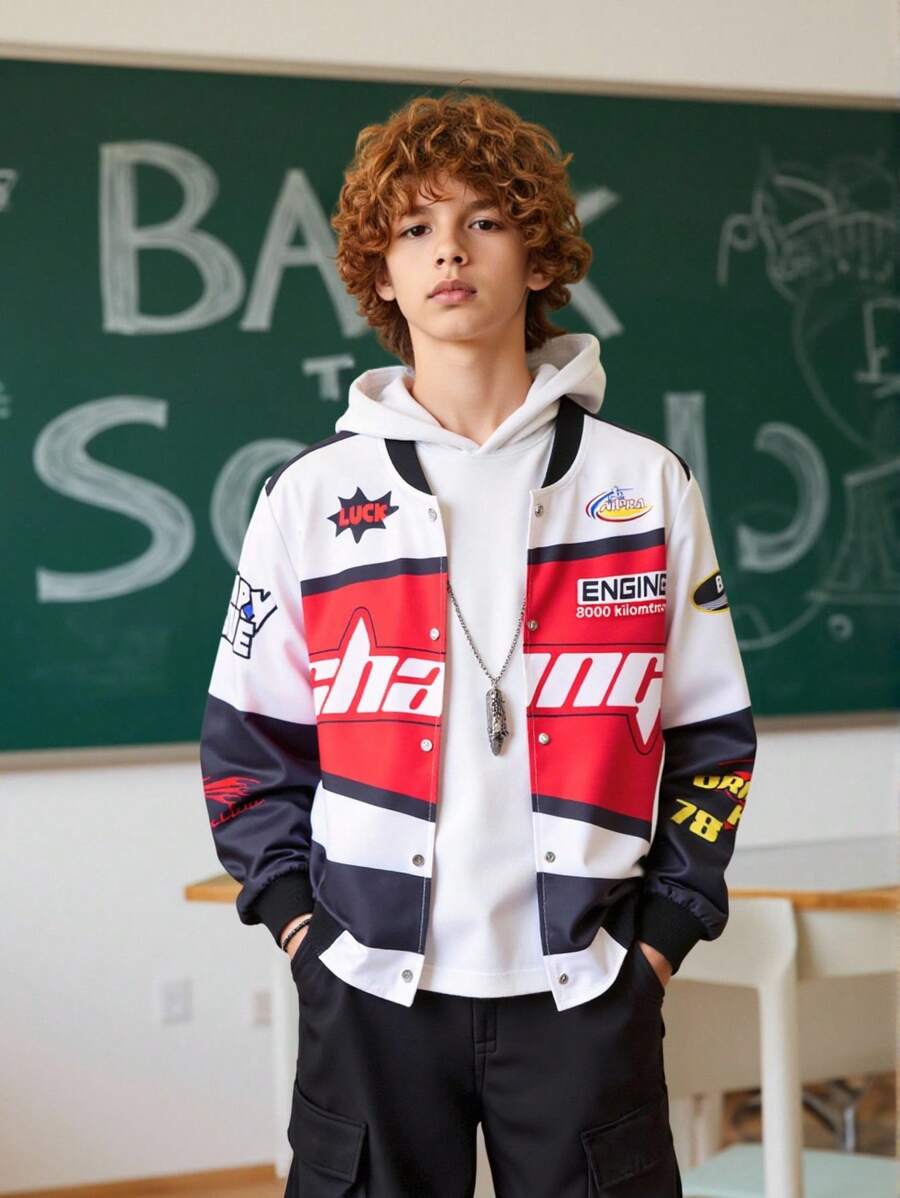 Tween Boy Jacket, Colorblock Print Design, Black Red White Combination, Fashion Casual Streetwear, Spring Autumn - White - View 1