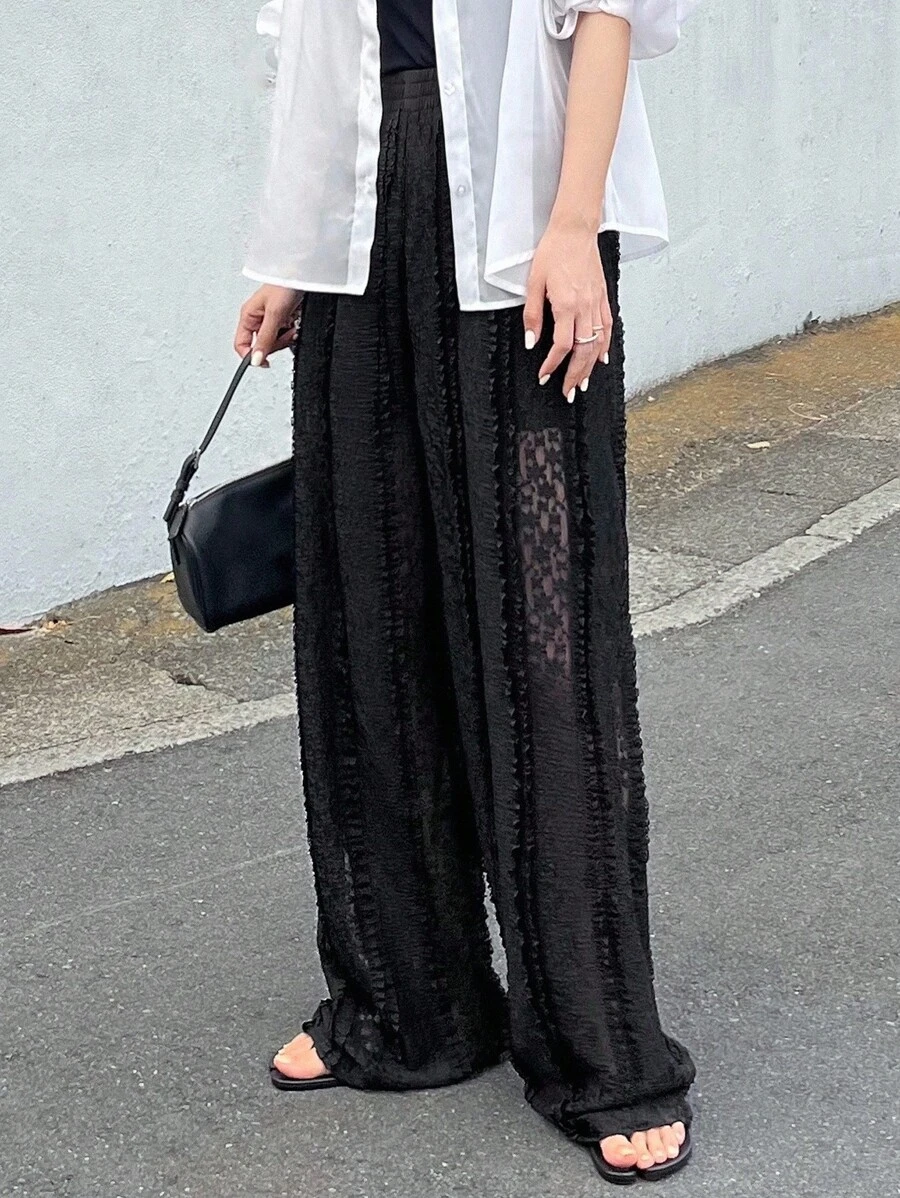 FRIFUL Women's Elastic Waist Ruffle Hem Wide Leg Loose Fashion Pants