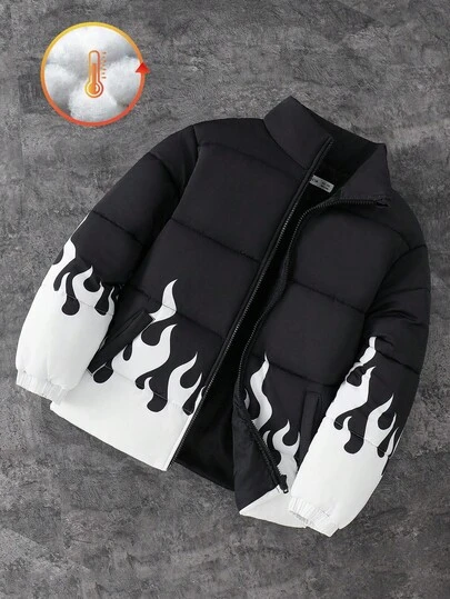 SHEIN Bolty Kids/Tween Boy Casual Hooded Flame Pattern Front-Zip Long Sleeve Quilted Padded Coat, Winter Coat, Padded Coat, Winter Coat Parka Coat, Suitable For Commuting, School, Daily Casual, Travel, Sports, Autumn/Winter, Black Halloween Halloween  Winter Autumn Boys Boy Kids Boys Kids Boy Teen Boys Fall