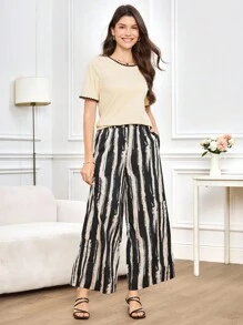 Miaspire 2pcs Women Casual Outfit, Contrast Color Strap Patchwork T-Shirt Top And Striped Print Pants Set,Teacher Outfits For Women,Going Out Sets Women,Business Casual Woman,Basic Sets,Stripe Print Two-Piece Suit,Women's Two-Piece Set: Casual, Contrasting Color Webbing Patchwork T-Shirt Top And Striped Print Trousers For Everyday Outings