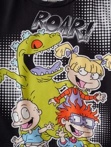 Nick 90s | SHEIN 男童卡通绿色恐龙图案黑色休闲短袖T恤 - 黑色 - 查看 3