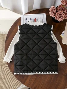 1 pezzo Gilet imbottito in cotone con motivo a diamanti e bordo arricciato per ragazze pre-adolescenti, adatto per autunno/inverno - nero - Visualizzare 2