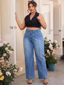 SHEIN Tall CURVE 大码女式高腰阔腿宽松休闲百搭牛仔裤 - 藍色 - 查看 4