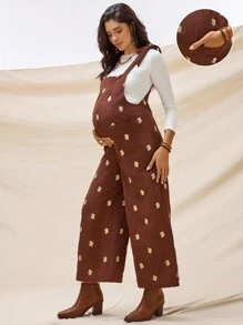 Boho Mama 孕妇全印花休闲无袖连体裤，带口袋 - 棕色 - 查看 1