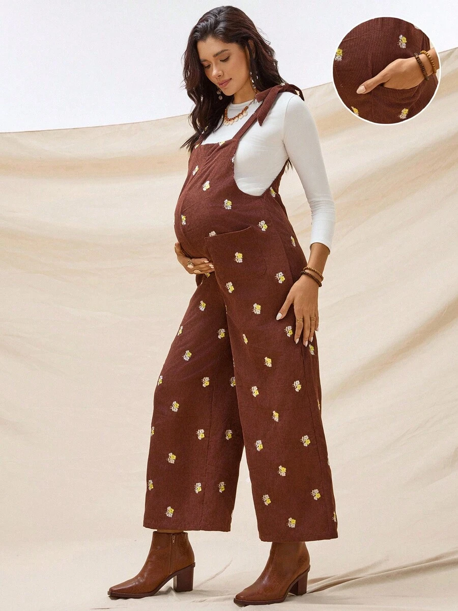 Boho Mama 孕妇全印花休闲无袖连体裤，带口袋 - 棕色 - 查看 1